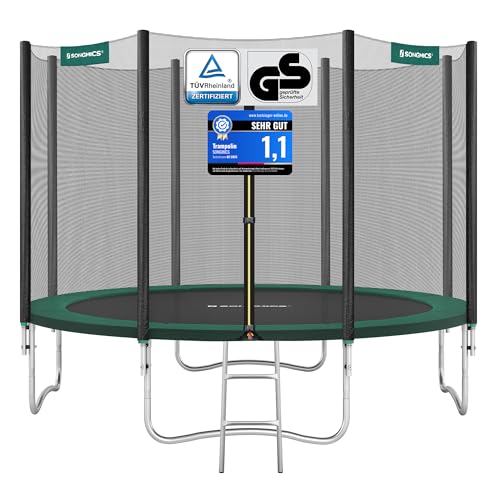 SONGMICS Trampolin Ø 366 cm, Gartentrampolin für Kinder mit Sicherheitsnetz, Randabdeckung, Leiter, 180 cm hohe gerade Stangen, Stahlrahmen, TÜV Rheinland GS-Zertifikat, dunkelgrün STR12GNV1