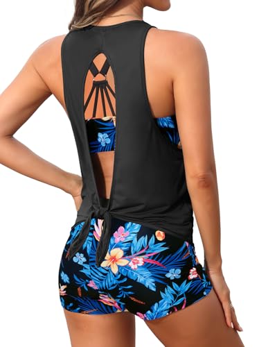 Image of Aqua Eve 3 Piece Tankini Swimsuit for Women Tank Bathing Suit with Shorts Open Back Athletic Swimwear