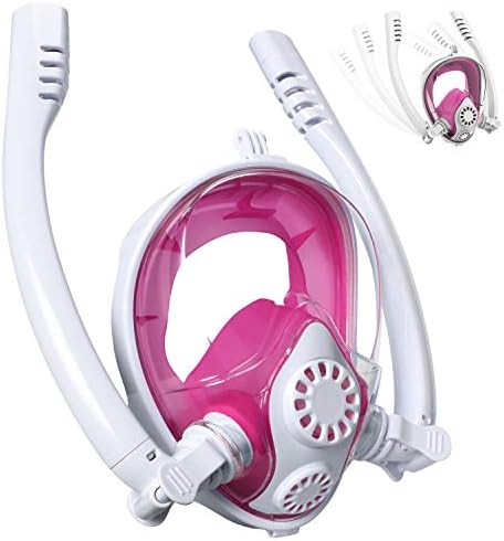 Cevapro Snorkel Mask Full Face, Safe K2 Breathing System Full Face Snorkeling Mask for Natural Breath & Safe Snorkeling Anti Leak Anti Fog Diving Mask Dry Snorkel set for Kids Adult (White-Pink, L/XL)