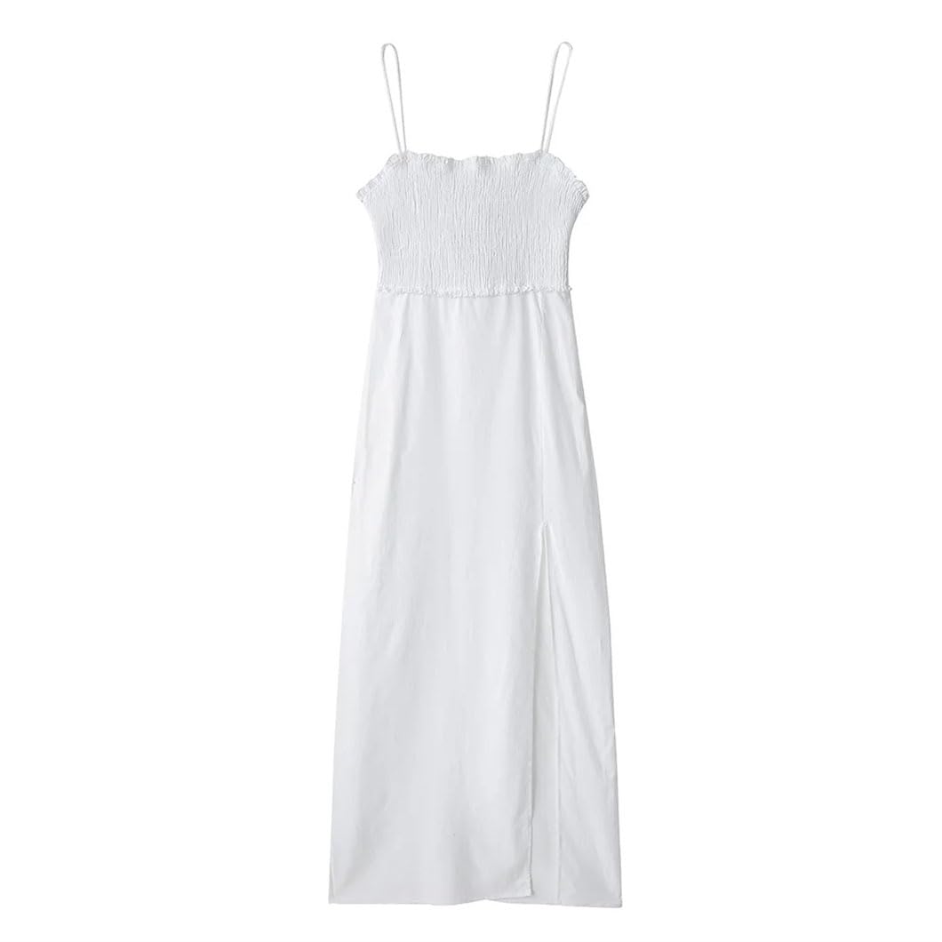 Abito midi da donna in lino aperto sul retro con cravatta in spiaggia e vacanze con spacco frontale, per matrimoni e feste