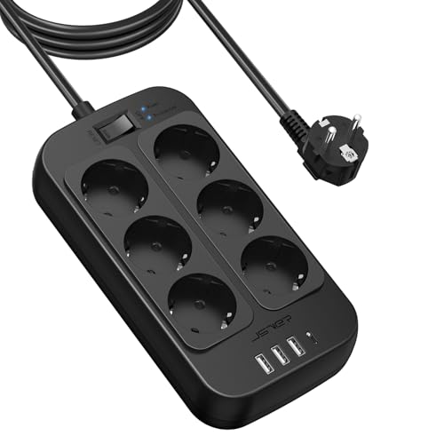 JSVER Regleta Enchufes 3M, Proteccion Sobretension con 6 Toma de Corriente y 4 USB Puertos(5V3,4A) USB Estación de Carga Inteligente USB Tomas Alargadora con Interruptor-Negro
