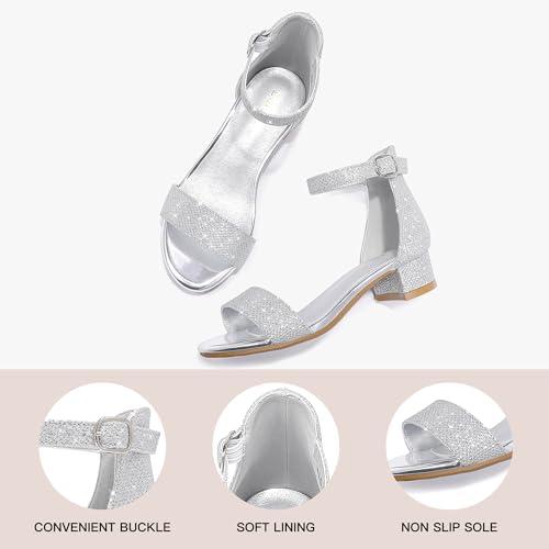 Image of Dufannie Girls Sandals Low Heels Dress Pump Ankle Strap Open Toe Flower Girl Wedding Party for Toddler Little Big Kid