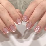 THCEVRLA ネイルチップ ヌードピンクメタリックキャッツアイ ショートラウンド 24 枚入