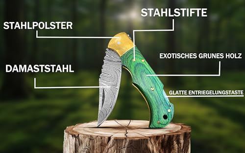 Novahaven Damaststahl Taschenmesser – Klappmesser für EDC, Jagd, Camping & Survival mit Holz-, Knochen- oder Harzgriff – Outdoor Geschenk-Messer (Mehrere Farben) (Grünholz)