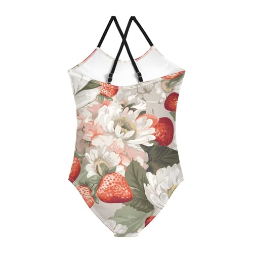Girls One Piece Swimsuits Strawberries and Flowers Pattern Sport Halter Swimwear Beach Bathing Suit,7-8T2