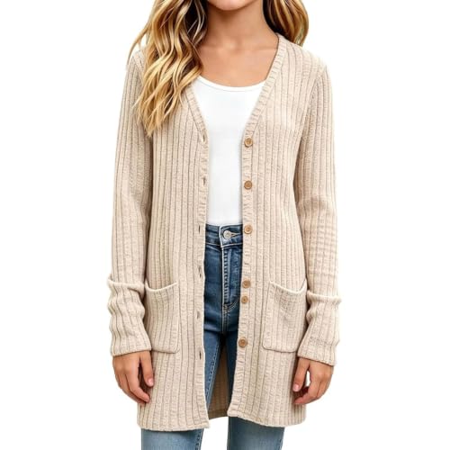 AIMAOMI Girls Long Cardigan Button Down Ribbed Knit Sweater Coat Beige 13-14 Years - image 5