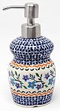 Polish Pottery Market Soap Dispenser 11 Ounce Capacity and 7 inches high from Zaklady Boleslawiec in Blue Blossom Pattern - Stainless Steel Pump