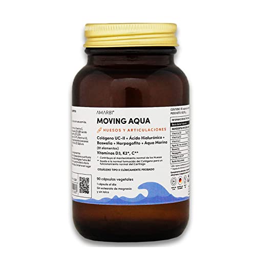 MOVING AQUA 90 cápsulas ideal para cuidar tus huesos y articulaciones con colágeno UC-II, ácido hialurónico, vitamina C,D,K2, harpagofito y boswellia.
