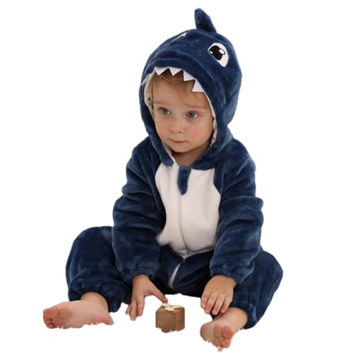 HAHASHOW Baby Winter Hooded Romper Jumpsuit Unisex kids Flannel Romper Halloween Toddler Cartoon Animal Costume 6-12 Months,Blue Shark