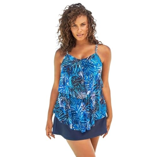 2-Piece Tankini Swimsuit Set - Layered Blue Palm Print Top & Swim Skirt Bottom