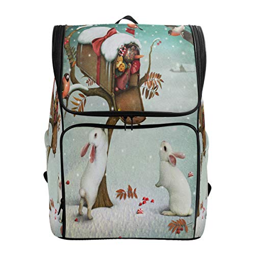 Mnsruu Winter-Rucksack mit Schneeflocke, Kaninchen, Vogel, Weihnachten, Tagesrucksack, Schulranzen