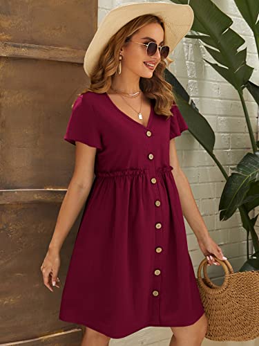 Makemechic Women's Maternity Summer Dress Short Sleeve V Neck Button Front Pregnancy Tunic Dress Burgundy L #TOP2