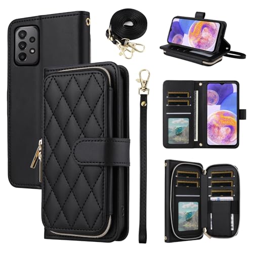 ELISORLI Wallet Case for Samsung Galaxy A53 5G with Detachable Wrist Strap,Crossbody Shoulder Strap,9+ Card Slots Zipper Purse Luxury PU Leather Phone Cover for A 53 G5 53A SM A536U 6.5" 2022 Black