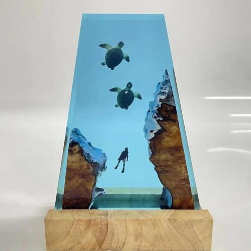 Veilleuse 3D océan pour table de chevet avec socle bois et télécommande
