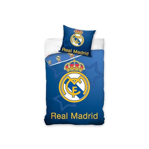Real Madrid CF Crown Logo Football Themd Single 100% Cotton Reversible Duvet Cover and Pillowcase Set for Boys Teenagers Sport Fans in Blue (RM-1031)