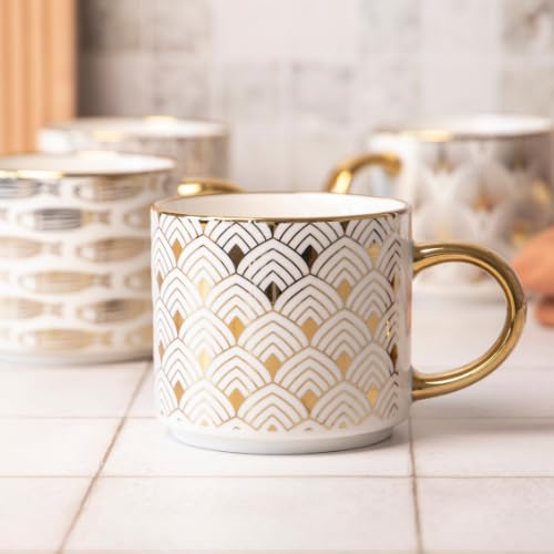 Luxury Ceramic Bone China Coffee Mug 490ml with Gold Handle with Art Deco Metallic Print, Elegant Gift Mug (H 9cmx 9.5cm) Assorted Designs (Geometric Diamond Pattern)