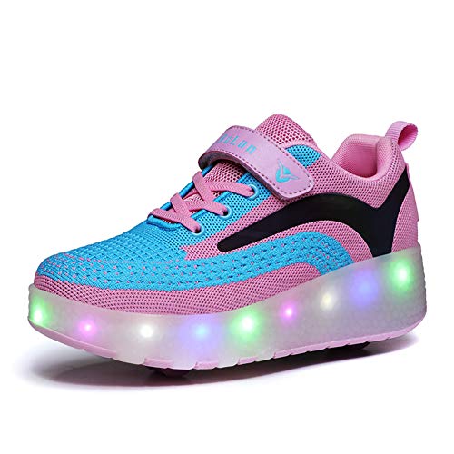 Unisex Kinder Jungen Mädchen mit Doppelt Rollen LED Rollenschuhe Einziehbar Outdoor Sportschuhe LED Leuchtend Gymnastik Sneaker 7 Farbe Blinken USB Aufladbare Skateboardschuhe Cover