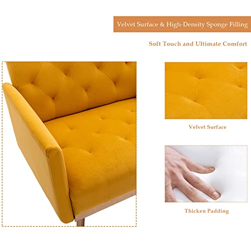 Kivenjaja Velvet Accent Chair, Modern Comfy Tufted Upholstered Armchair For Living Room & Bedroom, Reading Arm Chair Single Sofa With Rose Gold Metal Legs, Mustard #TOP3