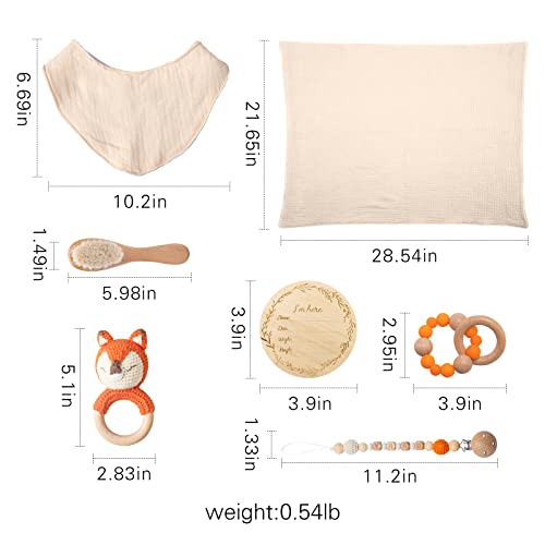 Baby Gift Set for Newborn New Baby Gift Set - 7 PCS Newborn Baby Essentials Basket Baby Bath Set with Baby Blanket Baby Rattle - New Born Baby Girls Gift & Baby Boy Gifts for Baby Shower(Fox)