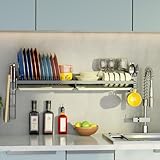 Besamery Hanging Wall Mounted Dish Drying Rack with Cutting Board Rack*1, Hook*4, Drain Tray*2, Apartment & RV Wall Mounted Dish Rack, Adhesive Mountable, Mounted Length: 31.8', Washable (Black)