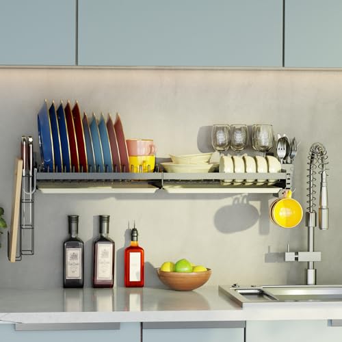 Besamery Hanging Wall Mounted Dish Drying Rack with Cutting Board Rack*1, Hook*4, Drain Tray*2, Apartment & RV Wall Mounted Dish Rack, Adhesive Mountable, Mounted Length: 31.8