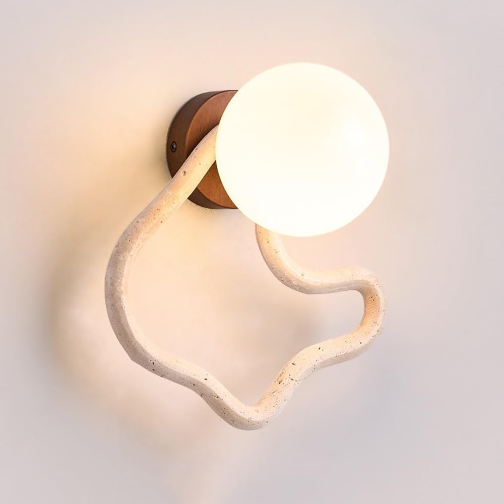 ITOSUI Travertine Wall Sconce, Wall Light Fixture, Abstract Irregular Stone Lamp, Retro Glass Globe Sconce, G9 LED Solid Wood Base, Aesthetic Ambient Light for Bedroom Bedside, Living Room