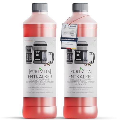 PURIVITA® Universal Entkalker Kaffeevollautomat [2x750ML] - Kaffeemaschinen Entkalker Flüssig - Flüssigentkalker Kaffeemaschine Reiniger - Kalkreiniger Kaffeevollautomaten - Für alle Kaffeeautomaten
