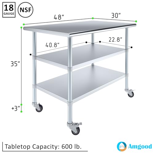 Image of AmGood Stainless Steel Work Table with 2 Shelves and Casters | Metal Utility Table On Wheels (Stainless Steel Work Table with 2 Shelves + Casters, 48 inch Long x 30 inch Deep)