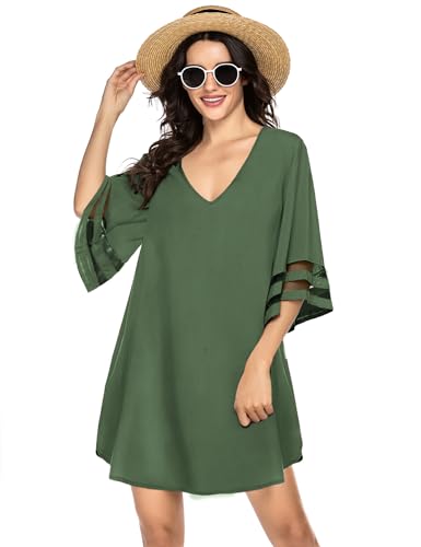 Ekouaer Women's Swimsuit Cover Up 3/4 Bell Sleeve Beachwear Coverups Deep V-Neck Bikini Beach Dress S-3XL
