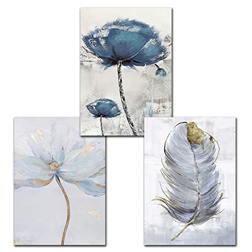 Abstract Blue Canvas Wall Art For Living Room Scandinavian Flower Art White And Gold Flower Painting White And Gold Feather Wall Decor Blue Flower Wall Picture For Home Deocr 16X24Inchx3Pcs No Frame #TOP1
