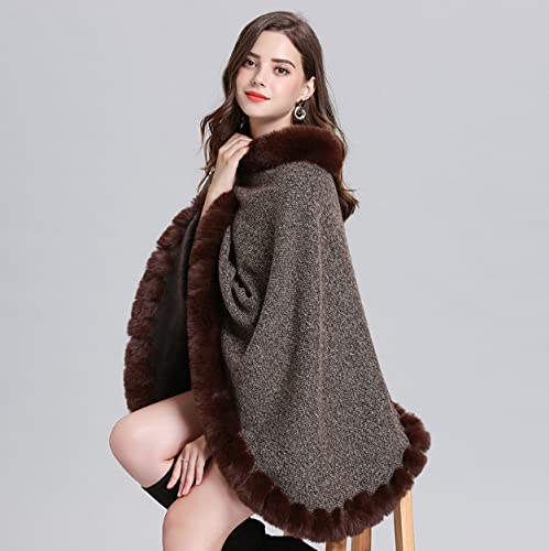 Women Knitted Shawl Poncho with Faux Fur,Round neck Pullover Shawl,Winter Warm Elegant Cloak Poncho2