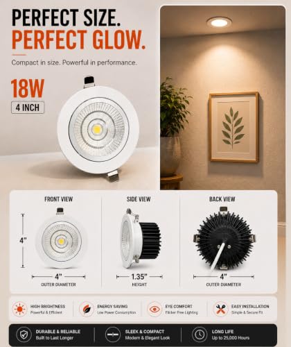 Image of KUSUM 18 Watt White Reflector Concealed LED Ceiling COB Round Spot Light with Focused Beam | Warm White, Pack of 1 (3000K) | Energy Efficient LED Ceiling Light for Home and Office