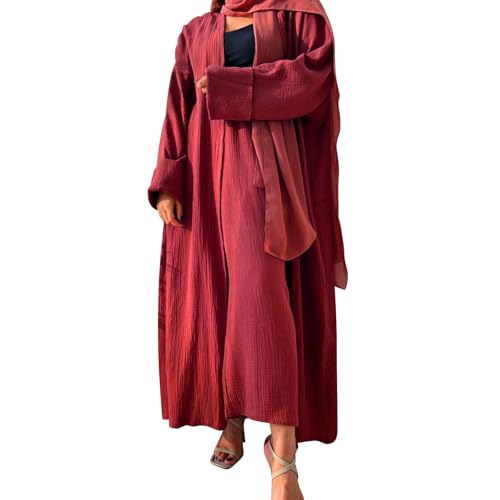 Image of Open Abayas Kimono Muslim Women Cardigan Maxi Dress and pants Set Islamic Clothing Dubai Saudi Robe