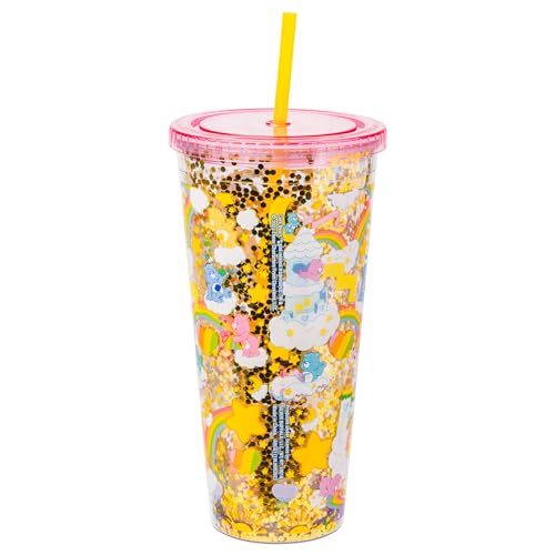 Image of Silver Buffalo Care Bears Rainbow Stars, Plastic Cold Cup, 32oz | Funshine, Grumpy, Good Luck, Bedtime, Cheer and Tenderheart, Confetti, Lid and Straw, 0.95 Liters