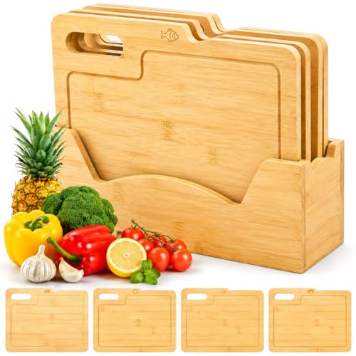 ZENFUN 4 Pack 12.5'L x 9.8'W Bamboo Cutting Boards with Holder, Wood Cutting Board Set, Chopping...