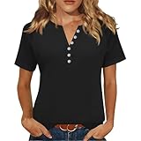 Casual Tops for Women Fall Dressy Short Sleeve Work Shirts for Women Office Professional Claasy Summer Button Up Tshits Shirts Travel Henley V Neck Solid Oversized Blouses Dressy Casual Black XXXL