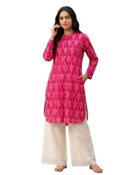 ps peaches PSPEACHES Women Cotton Full Sleeves Mandarin Collar Ikkat Print Kurta with Pant 2 Piece Set|Ethnic Wear Festive Kurta Sets For Woman|Traditional & Casual Wear-picture-10