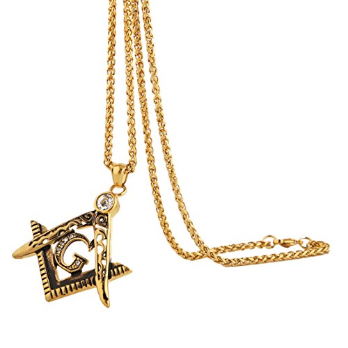 HZMAN Mens Cubic Zirconia Freemason Symbol Masonic Stainless Steel Pendant Necklace 22+2 inch Chain2