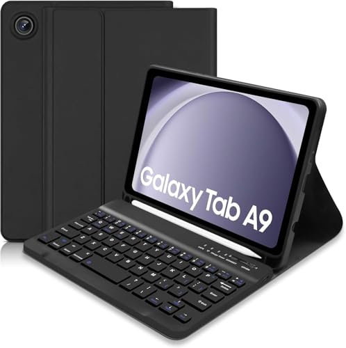KTOITION Teclado para Samsung Galaxy Tab A9 2023 8,7, Funda con Teclado para Galaxy A9 Tablet SM-X110/X115/X117, Delgada Funda con Portalápices,Teclado Magnético (Negro)