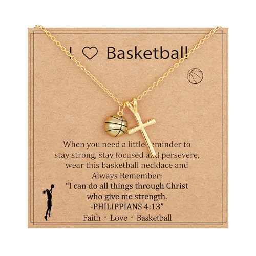 Gnamy Basketball Necklace Gifts for Teen Girls Women Dainty Cross Pendant Sport Accessories Basketball Valentines Religious Christian Birthday Jewelry Gifts for Team Coach Kids Players Stuff 8-12 Gold