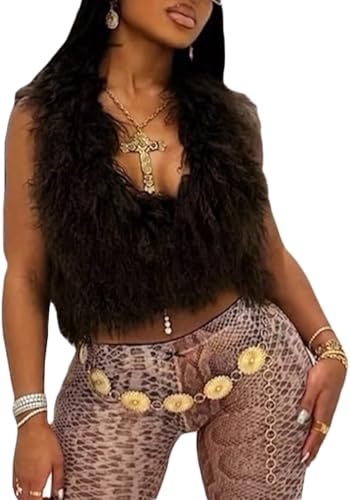 Ecirod Womens Y2K Fuzzy Faux Fur Collar Halter Vest Crop Tops Sexy Sleeveless Backless Tie Lace Up Waistcoat
