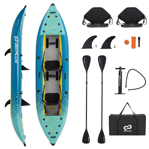 COSTWAY Juego de Kayak Hinchable 2 Plazas, 381 cm Barca Hinchable Portátil con Capacidad de 230 kg, 2 Asientos Acolchados y Reposapiés Ajustables, Remos de Aluminio y Bomba de Mano (Azul Claro)