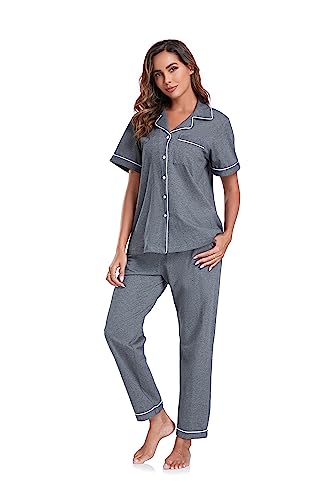 Image of COLORFULLEAF Women's 100% Cotton Pajamas Set Button Down Sleepwear Short Sleeve Shirt and Long Pants Soft Ladies Lounge Sets