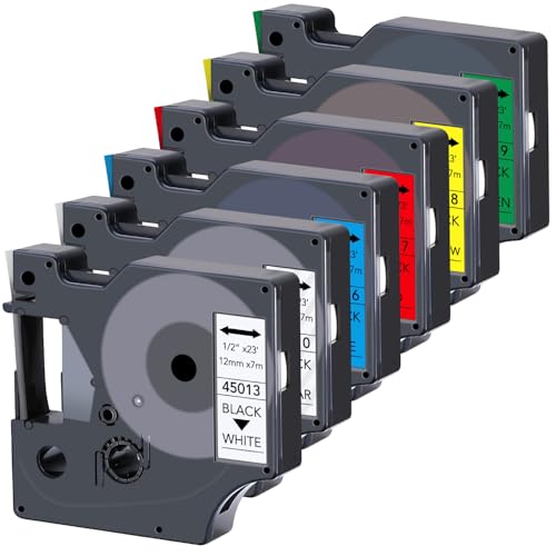 6-Pack Compatible with Label Maker Refills D1 Label Tape 45013 45010 45016 45017 45018 45019 1/2 Inch for Dymo LabelManager 160 280 210D 360D 420P Wireless PnP 220P 260P 500TS 450DUO