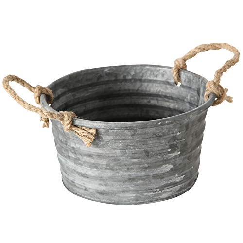 Whw Whole House Worlds Farmers Market Chubby Tub Planters, Set Of 3, Rope Handles, Galvanized Zinc, Rolled Top, Corrugated Sides, Rustic Country Style Containers, 12.5, 10.75, And 8.75 Inches #TOP5