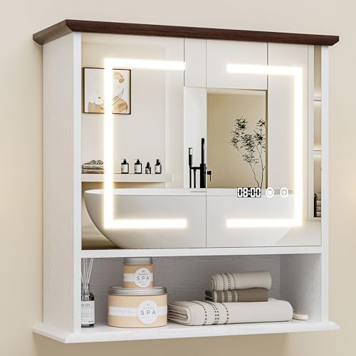 Bathroom Medicine Cabinet with Mirror Lighted Wall Storage Cabinet White