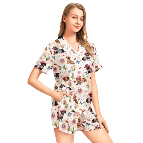 Image of Funny Pajamas for Women Set Print Satin Loungewear Pjs Short Sleeve Button Down Top and Shorts Sets Sleepwear XS-3XL