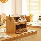 YOUDENOVA Double Decker Bread Box with Cutting Board, Extra Large 2-Layer Bamboo Storage Box with Clear Windows for Bread, Salt and Pepper Mill, 39x26x32,5(LxBxH) cm, Natural - Image 7