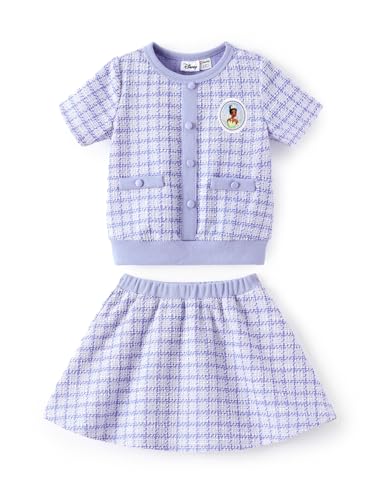 Disney Princess Tiana Toddler Girl 2 Piece Outfit Light Purple Short Sleeve Character Print Button Knit Elegant Top & Tweed Skirt Set Birthday Party Dress Costume Summer Holiday Clothes Gift 3-4T