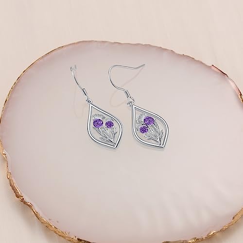 Scottish Thistle/Sunflower/Violet/Daffodil/Orchid Earrings Sterling Silver Flower Dangle Dangling Drop Boho Earrings Jewelry Gifts for Women2